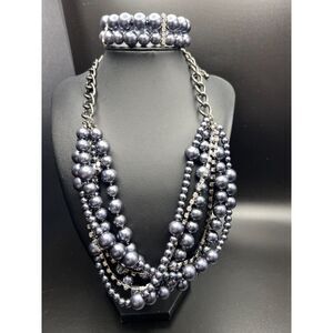 Steel Grey Pearl Necklace and Bracelet Set